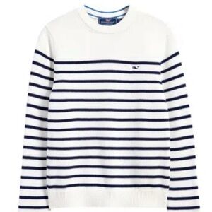 Boys Vineyard Vines Cotton Stripe Crewneck Sweater - White/Navy NWT